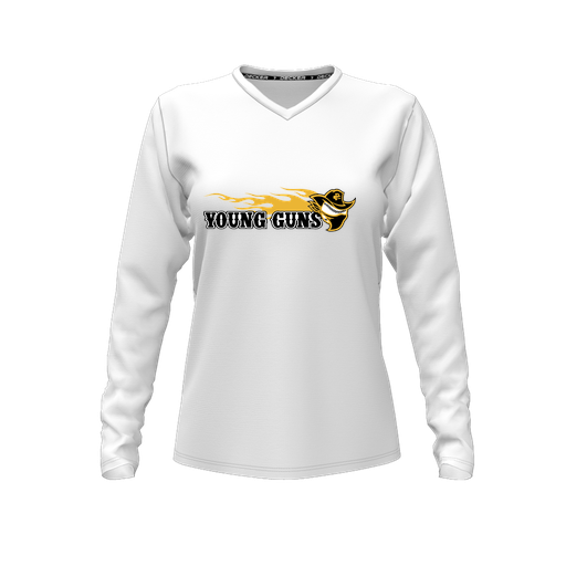 [CUS-DFW-TEES-CMF-VNK-LSL-WHT-FYXS-LOGO2] Decker Comfort T-Shirt (Female Youth XS, White, V Neck, Logo 2, Long Sleeve)