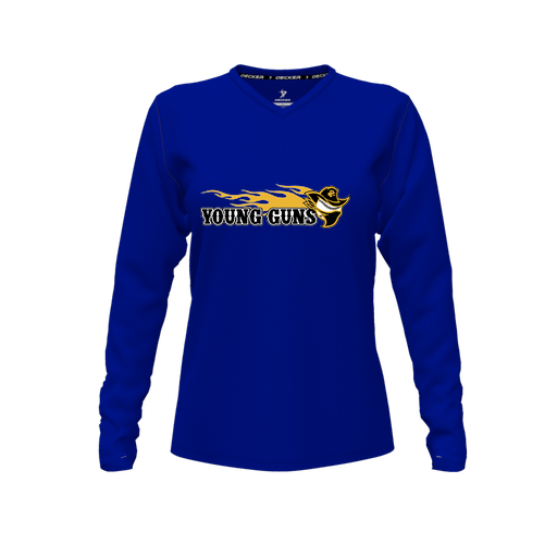 [CUS-DFW-TEES-CMF-VNK-LSL-RYL-FYXS-LOGO2] Decker Comfort T-Shirt (Female Youth XS, Royal, V Neck, Logo 2, Long Sleeve)